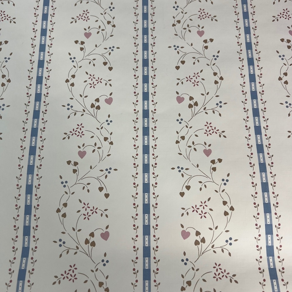 VTG Country Wallpaper Rolls Hearts Vines Floral Cream Blue 2 Thin Rolls 20.5"
